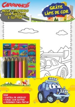 Carrinhos: mega colorindo com adesivos e glitter